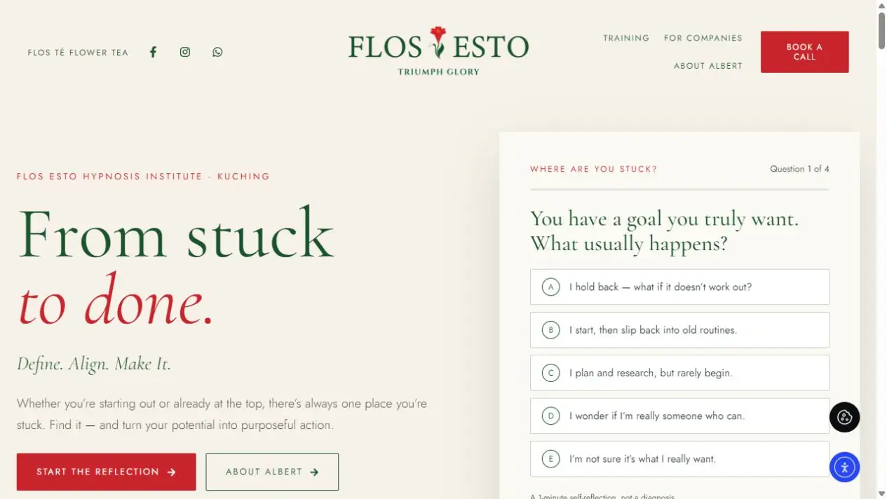 Flos Esto homepage showing the redesigned logo and interactive self-reflection