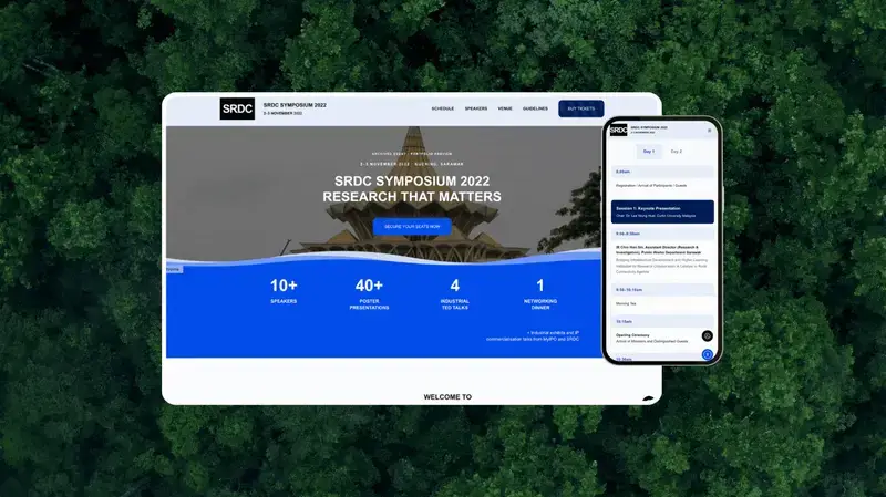 SRDC Symposium 2022 website preview on desktop and mobile against a forest background