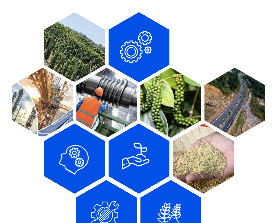 Research imagery arranged in hexagons with science and technology symbols